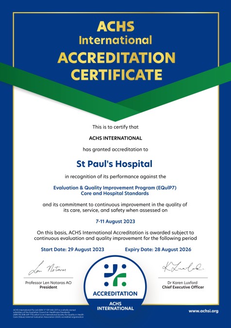 ACHS Accreditation Certificate _ St Pauls Hospital 2023